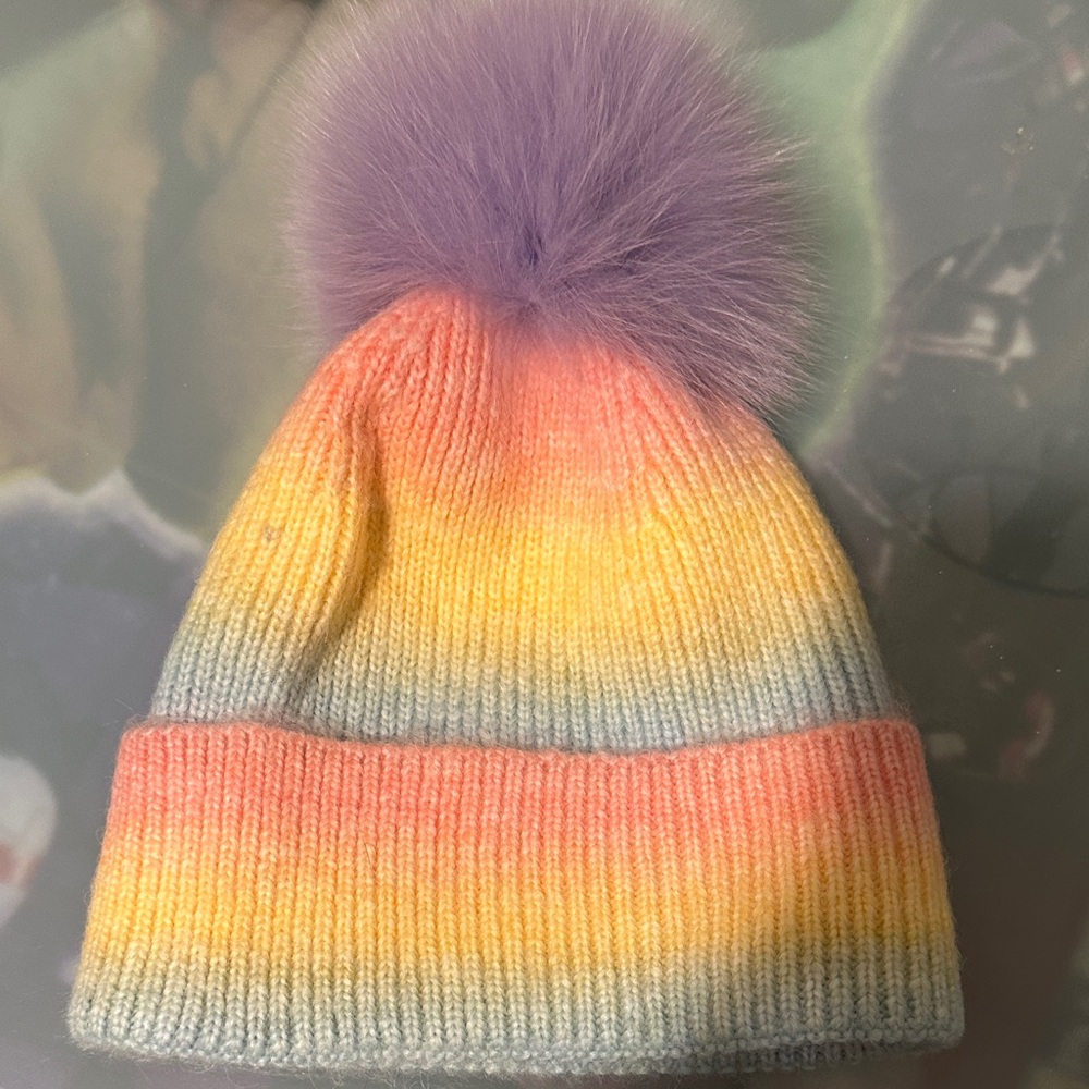 Adrienne Landau Multicolor Knit Hat with Purple Pom
